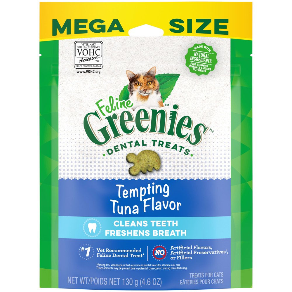 FELINE GREENIES Adult Natural Dental Cat Treats, Tempting Tuna Flavor, 9.75 Oz. Tub