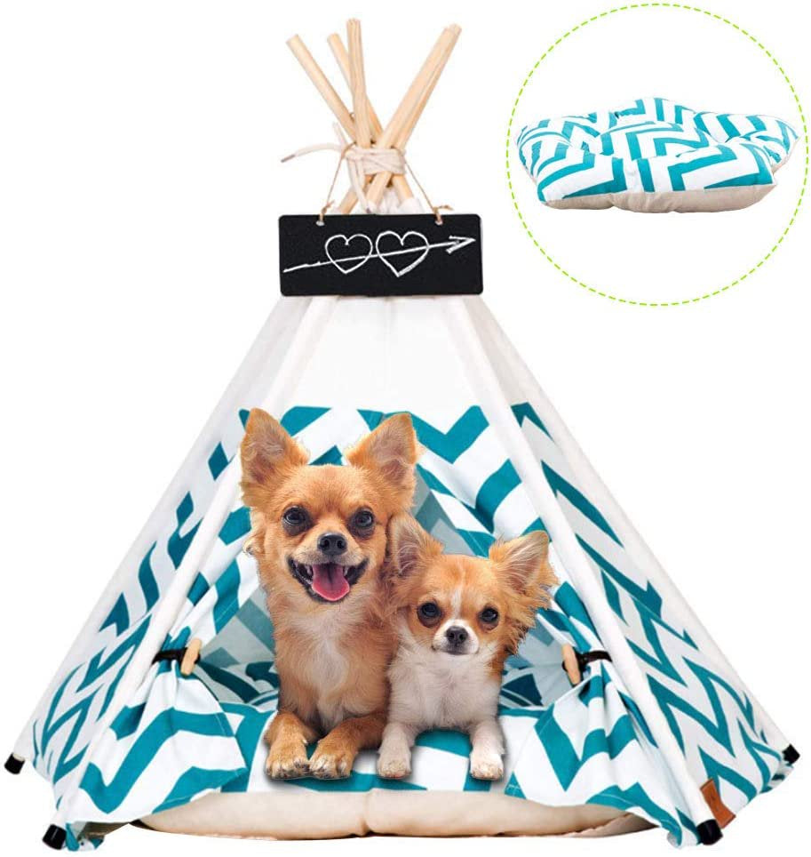 Pet Teepee Pet Tent for Dogs Puppy Cat Bed White Canvas Dog Cute House Pet Teepee with Cushion 24Inch Indoor Outdoor (Green) Animals & Pet Supplies > Pet Supplies > Dog Supplies > Dog Houses Ealing   