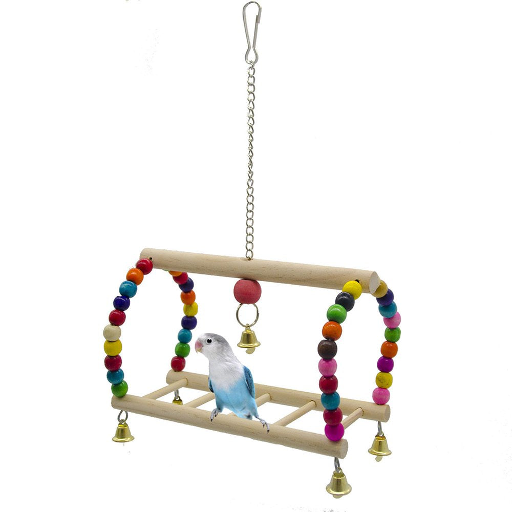 HOTYA Bird Parrot Toy Hanging Bird Swing Perch Wooden Parrot Climbing Ladder Bird Cage Chew Bell Toy with Colorful Beads Animals & Pet Supplies > Pet Supplies > Bird Supplies > Bird Ladders & Perches HOTYA   