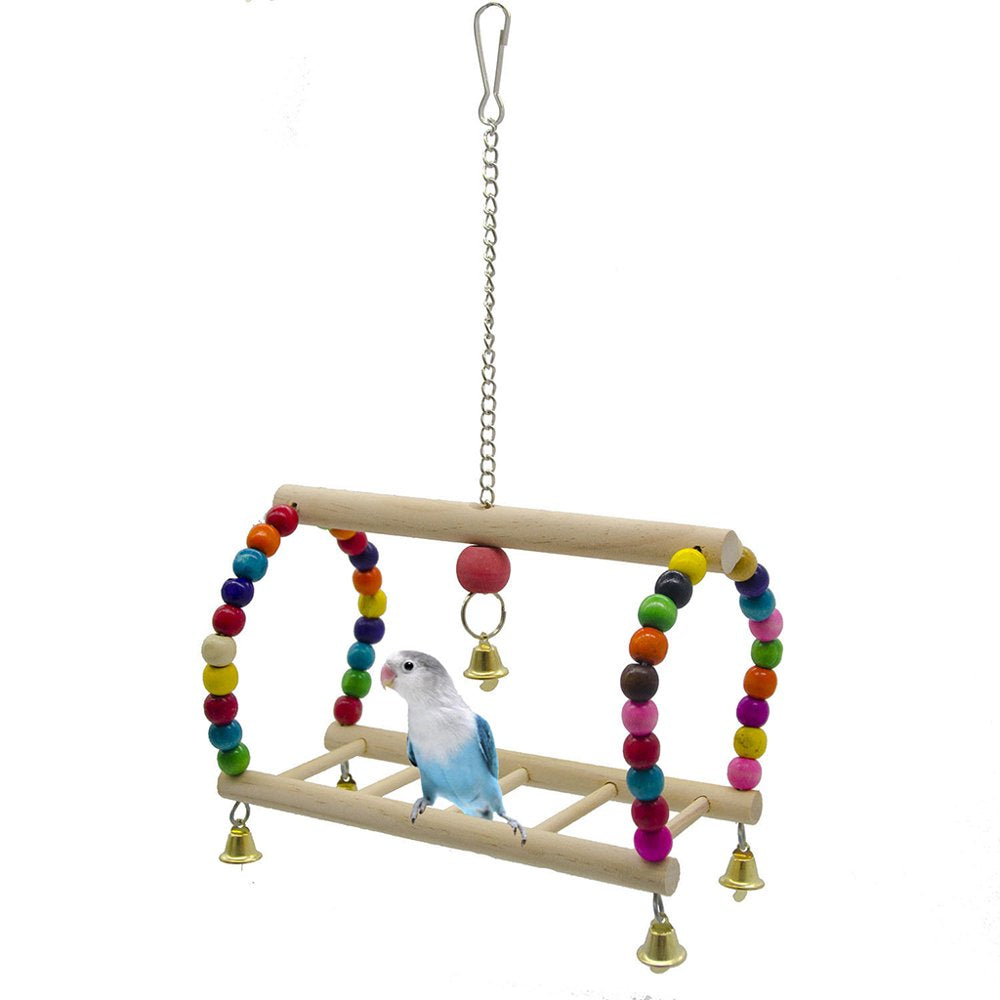 Bird Parrot Toy Hanging Bird Swing Perch Wooden Parrot Climbing Ladder Bird Cage Chew Bell Toy with Colorful Beads