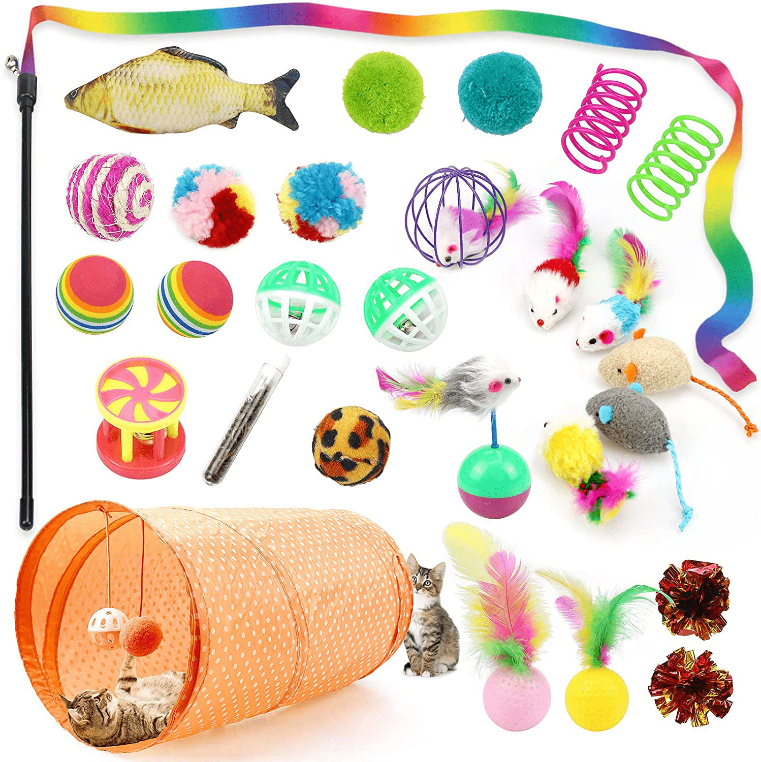 27Pcs Cat Toys Kitten Toys Assorted,Cat Tunnel Catnip Fish Feather Teaser Wand Fish Fluffy Mouse Mice Balls Tumbler Mouse Color Funny Cat Stick and Bells Toys for Cat Puppy Kitty. Animals & Pet Supplies > Pet Supplies > Cat Supplies > Cat Toys NUOGAO Orange tunnel  