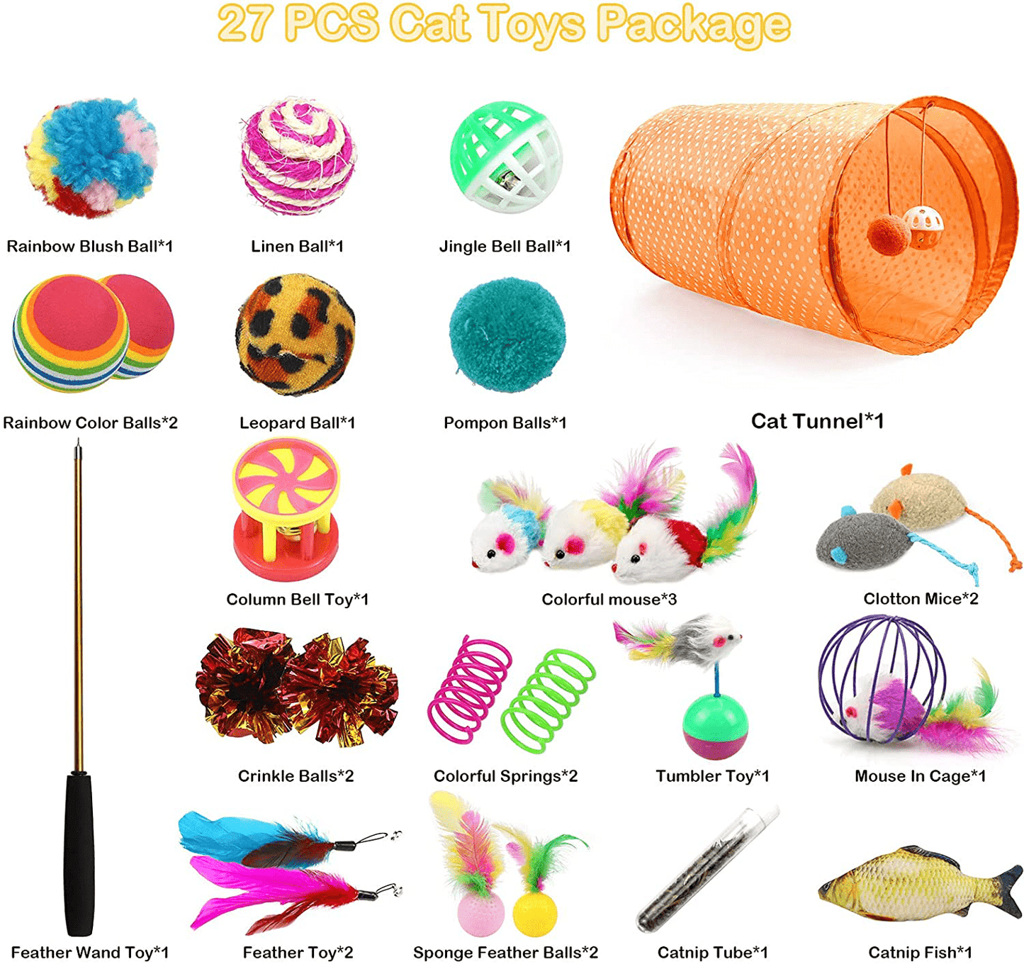 27Pcs Cat Toys Kitten Toys Assorted,Cat Tunnel Catnip Fish Feather Teaser Wand Fish Fluffy Mouse Mice Balls Tumbler Mouse Color Funny Cat Stick and Bells Toys for Cat Puppy Kitty. Animals & Pet Supplies > Pet Supplies > Cat Supplies > Cat Toys NUOGAO   