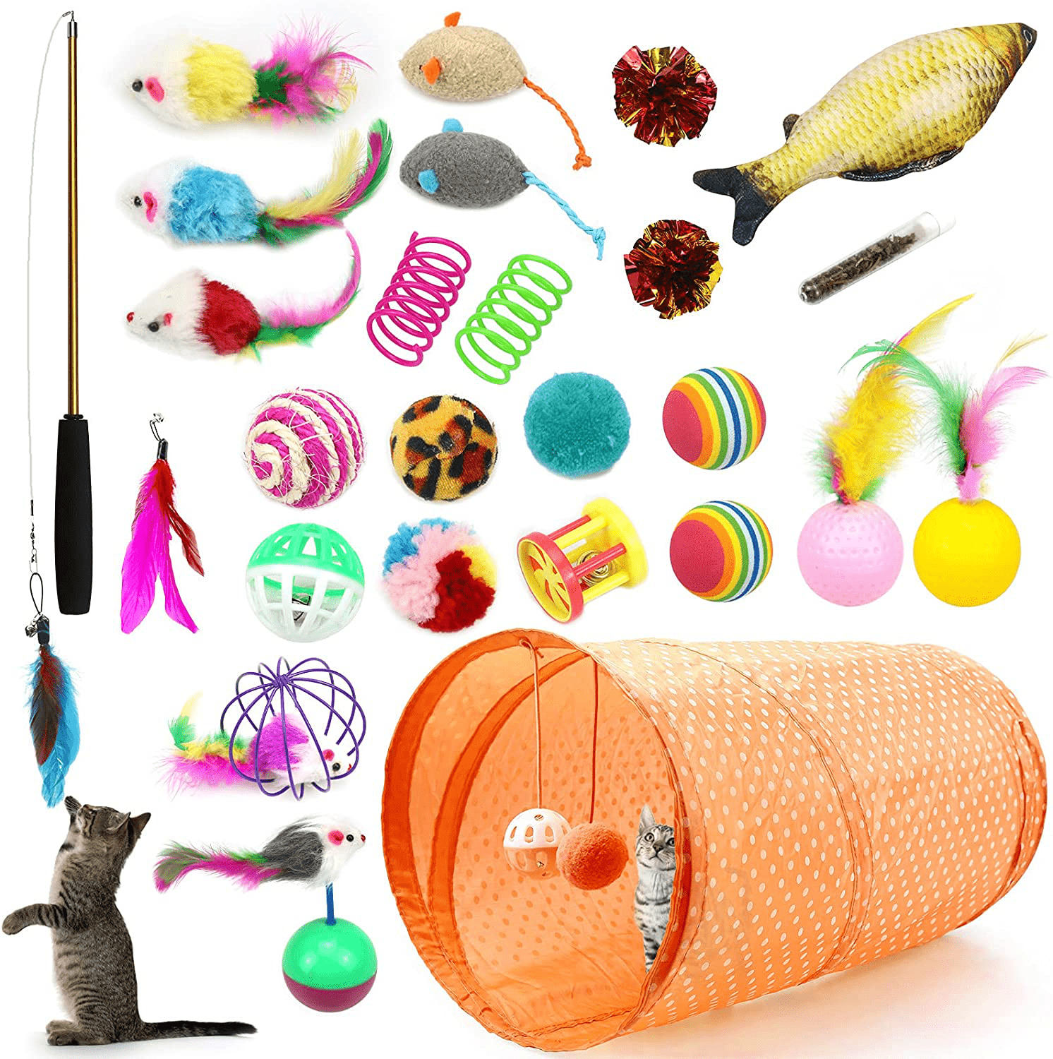 27Pcs Cat Toys Kitten Toys Assorted,Cat Tunnel Catnip Fish Feather Teaser Wand Fish Fluffy Mouse Mice Balls Tumbler Mouse Color Funny Cat Stick and Bells Toys for Cat Puppy Kitty. Animals & Pet Supplies > Pet Supplies > Cat Supplies > Cat Toys NUOGAO Orange Cat tunnel  