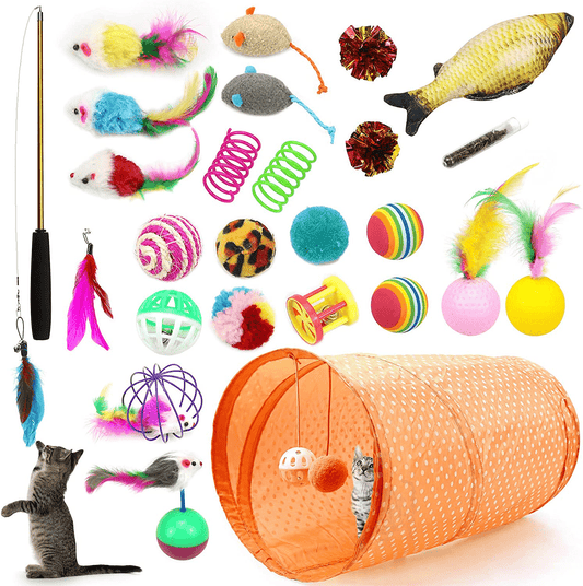 27Pcs Cat Toys Kitten Toys Assorted,Cat Tunnel Catnip Fish Feather Teaser Wand Fish Fluffy Mouse Mice Balls Tumbler Mouse Color Funny Cat Stick and Bells Toys for Cat Puppy Kitty. Animals & Pet Supplies > Pet Supplies > Cat Supplies > Cat Toys NUOGAO Orange Cat tunnel  