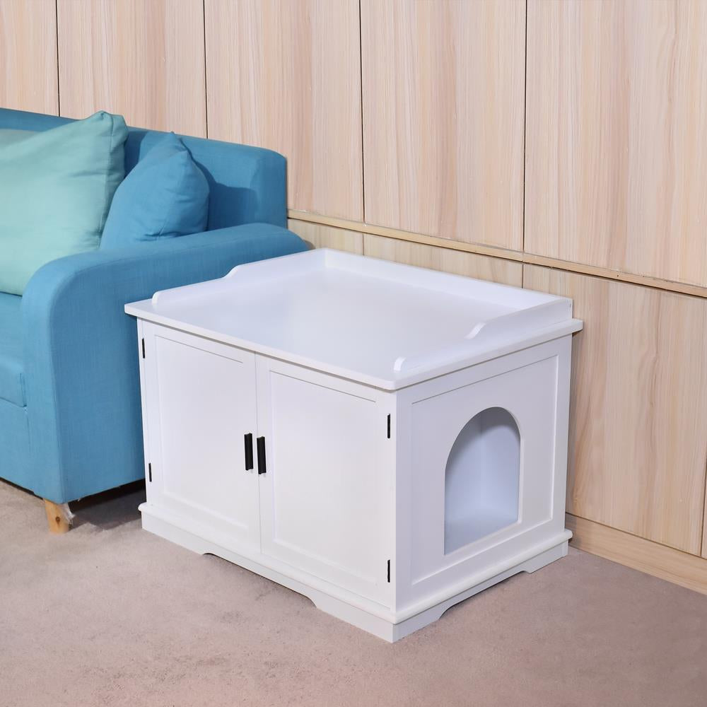 Godecor Double-Door Wooden Cat Litter Box, Wooden Cat House, White