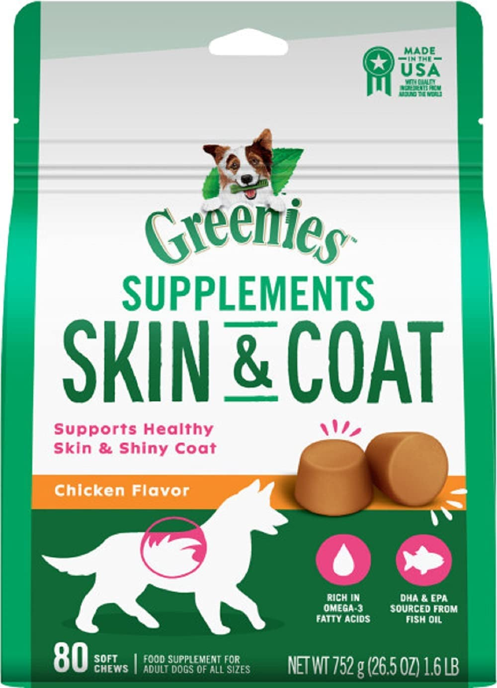 GREENIES Skin & Coat Food Supplements with Omega 3 Fatty Acids, 40-Count Chicken- Flavor Soft Chews for Adult Dogs Animals & Pet Supplies > Pet Supplies > Dog Supplies > Dog Apparel Mars Petcare 80 Count  