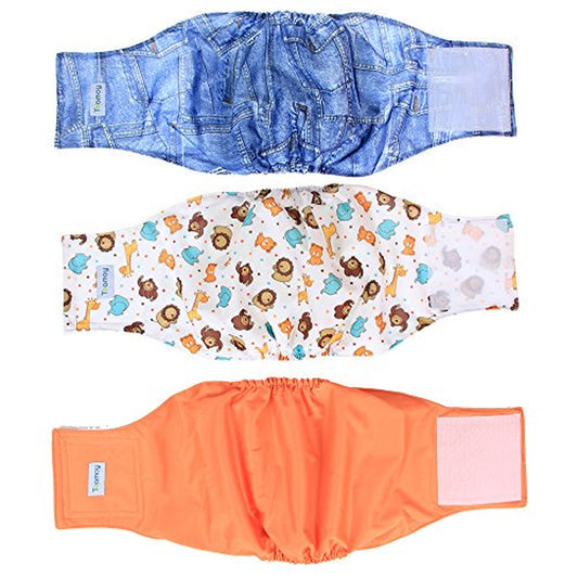 Teamoy Reusable Wrap Diapers for Male Dogs, Washable Puppy Belly Band Pack of 3 (L2, 20"-24" Waist, Orange+ Denim+ Fat Smile) Animals & Pet Supplies > Pet Supplies > Dog Supplies > Dog Diaper Pads & Liners Damero INC   