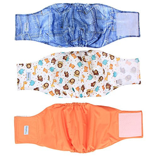 Teamoy Reusable Wrap Diapers for Male Dogs, Washable Puppy Belly Band Pack of 3 (L1, 16"-20" Waist, Orange+ Denim+ Fat Smile) Animals & Pet Supplies > Pet Supplies > Dog Supplies > Dog Diaper Pads & Liners Damero INC   