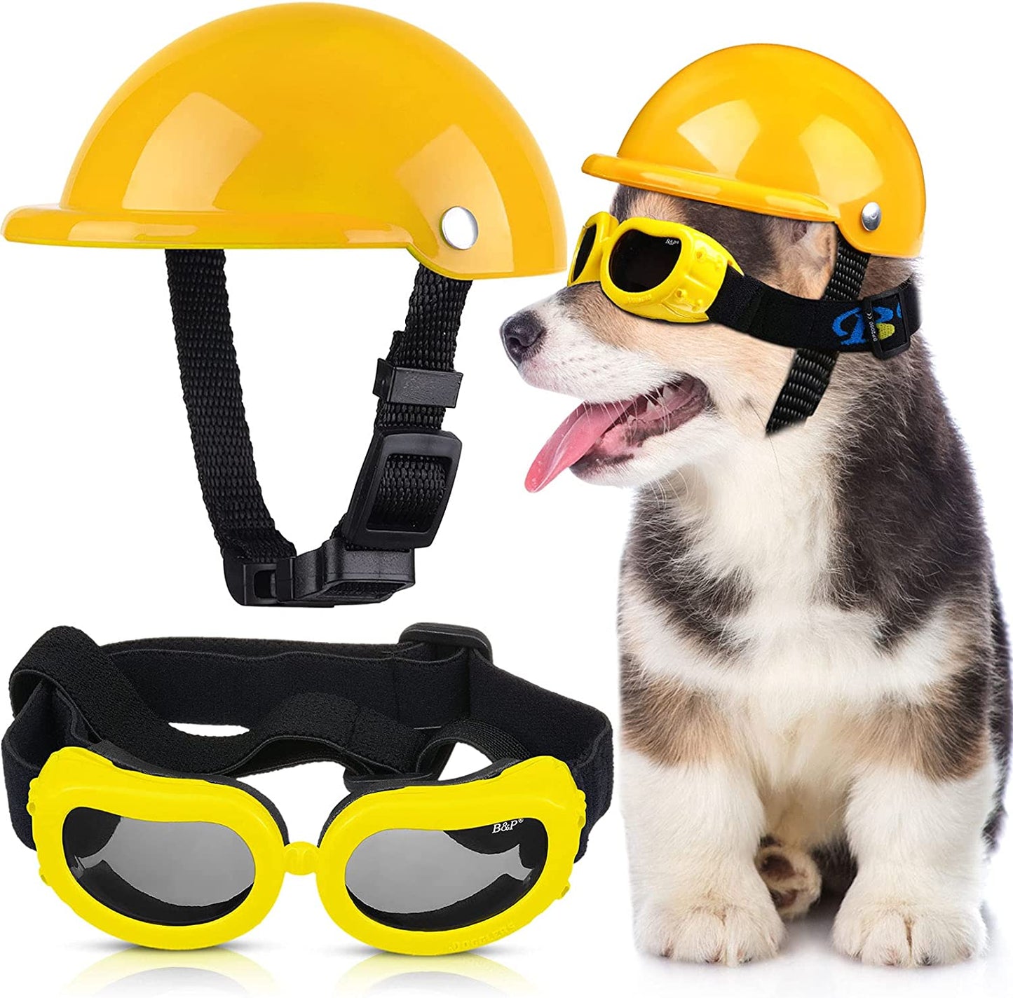 Small Dog Helmet Goggles UV Protection Doggy Sunglasses Pet Dog Glasses Motorcycle Hard Safety Hat with Adjustable Belt Windproof Snowproof Eye Head Protection for Puppy Riding, S Size,S Size (White) Animals & Pet Supplies > Pet Supplies > Dog Supplies > Dog Apparel Frienda Yellow  