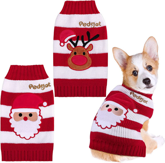 Pedgot 2 Pack Pet Christmas Sweaters Dog Holiday Sweater with Reindeer and Santa, Puppy Clothing Red and White Striped Pet Winter Knitwear Pet Warm Clothes (M) Animals & Pet Supplies > Pet Supplies > Dog Supplies > Dog Apparel Pedgot Reindeer, Santa Medium 