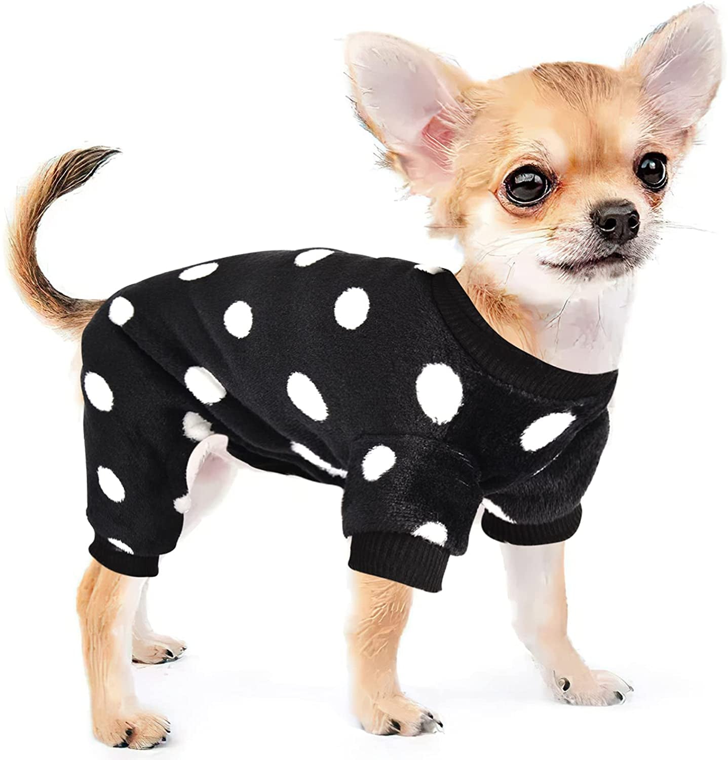 Chihuahua Pajamas for Dogs Small Puppy Pjs Fleece Winter Warm Dog Jumpsuit Cute Pet Clothes Tiny Dog Sweater Clothing Yorkie Teacup Outfits (X-Small) Animals & Pet Supplies > Pet Supplies > Dog Supplies > Dog Apparel Sebaoyu Polka dot black X-Small/(0.8-2.87 lb) 