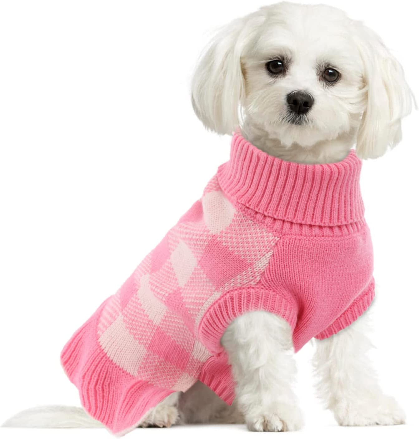 Dog Sweater Dress, Turtleneck Pullover Knitwear Warm Girl Dogs Coat for Fall Winter Cute Classic Plaid Pattern Princess Style Knit Clothes for Small Medium Female Dogs Puppy Leash Hole(Orange Blue) Animals & Pet Supplies > Pet Supplies > Dog Supplies > Dog Apparel LeLePet Pink X-Large 