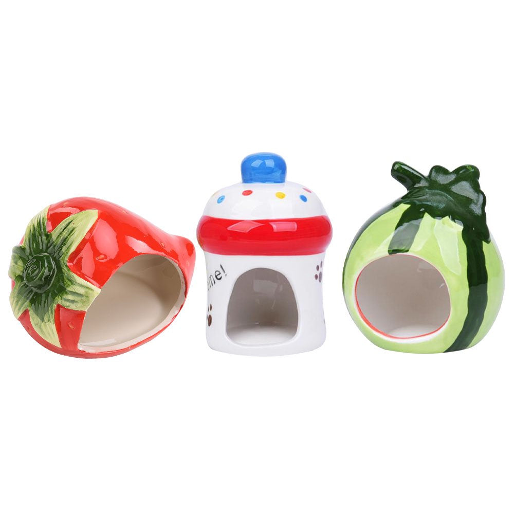Hapeisy Ceramic Cartoon Watermelon Shape Hamster House Home, Summer Cool Small Animal Pet Nesting Habitat Cage Accessories