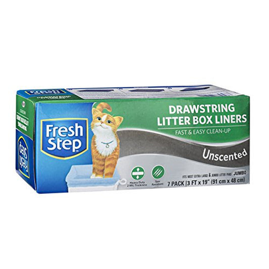 Fresh Step Drawstring Cat Litter Box Liners, Unscented, Jumbo Size, 36" X 19" - 7 Count | Kitty Litter Bags, Cat Litter Liners for All Cats to Keep Your Home Clean
