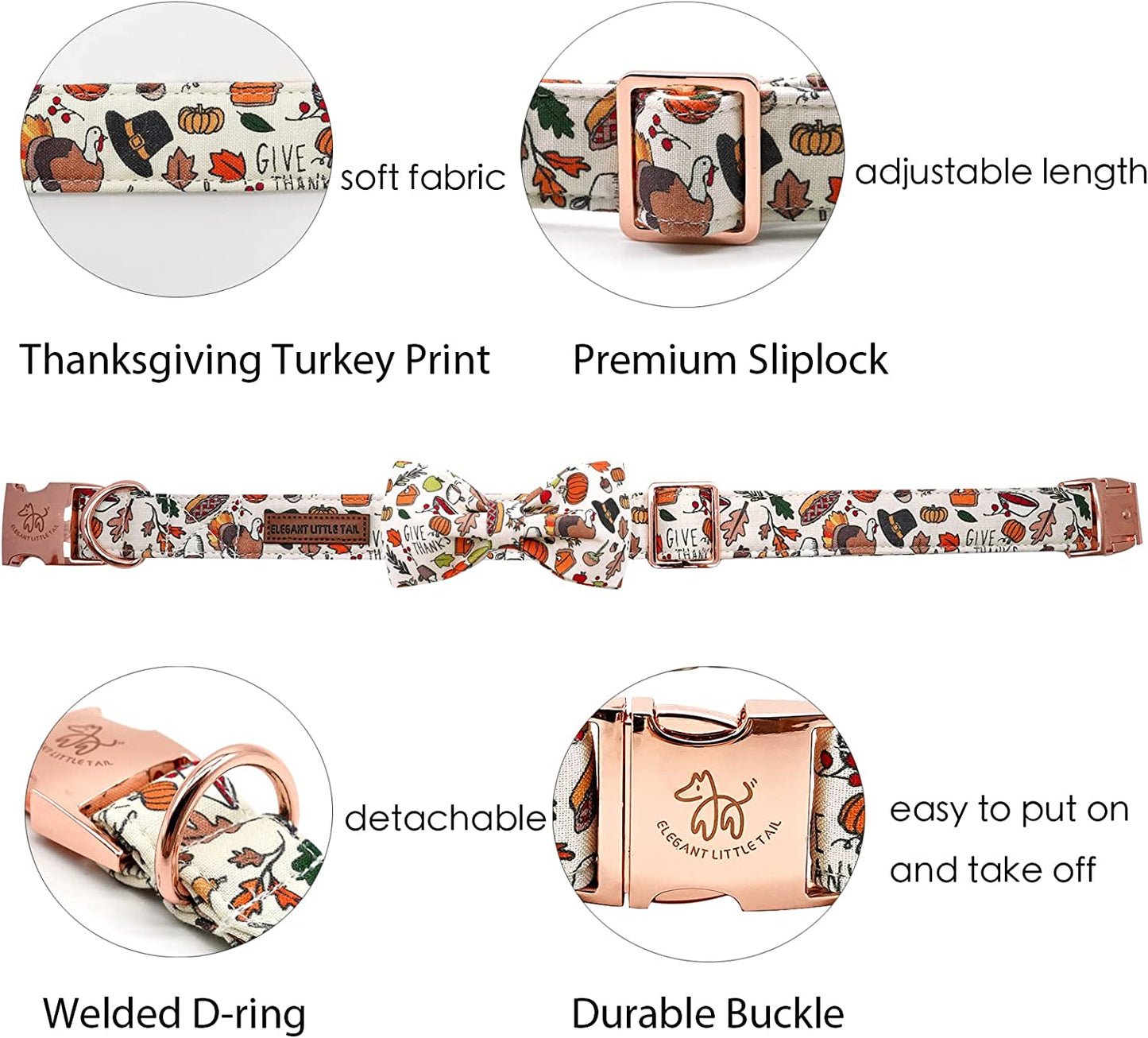 Elegant Little Tail Dog Collar with Bow - Fall Dog Collar Bow Thanksgiving Turkey Bow Girl Boy Pet Collar Soft Dog Bowtie Collars for Large Dogs Animals & Pet Supplies > Pet Supplies > Dog Supplies > Dog Apparel Elegant little tail   