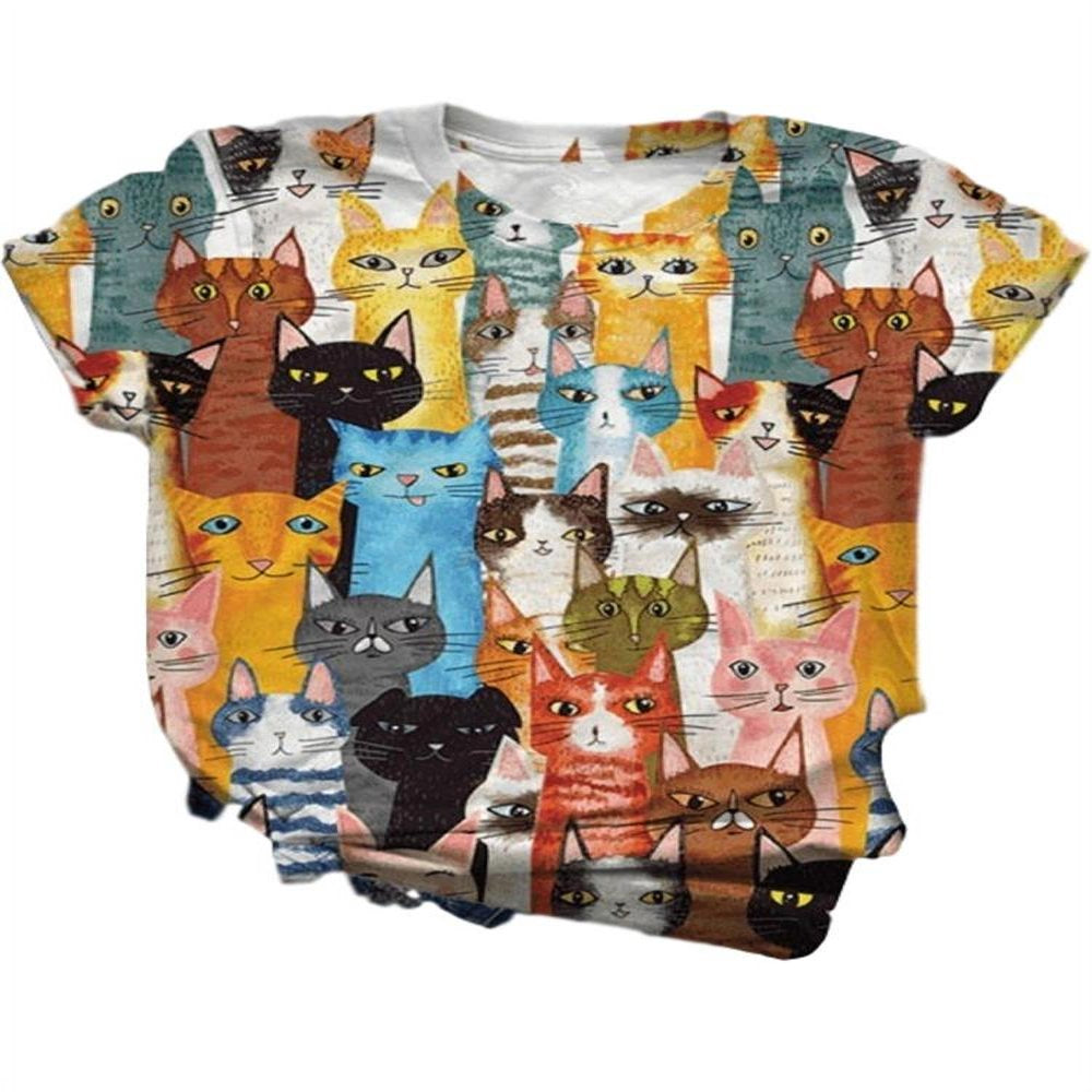 NGMQ Funny Cat Print Women Short Sleeve plus Size T-Shirt Animals & Pet Supplies > Pet Supplies > Cat Supplies > Cat Apparel NGMQ Multicolor 4XL 