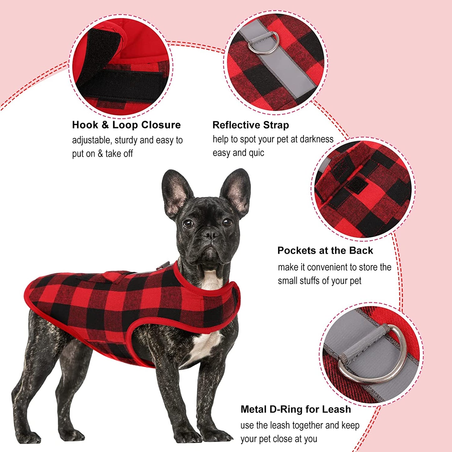 Queenmore Winter Dog Jacket, Adjustable Waterproof Reflective Cold Weather Padding Coat, Plaid Checkered Pet Clothes with Pocket (Red, S) Animals & Pet Supplies > Pet Supplies > Dog Supplies > Dog Apparel Queenmore   