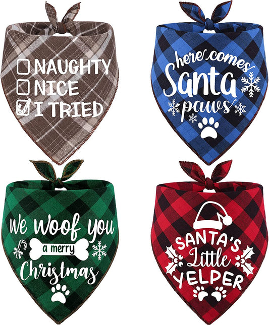 4 Pack Merry Christmas Xmas Dog Bandanas - Triangle Fall Christmas Xmas Dog Bandana Classic Plaid Pet Scarf Bibs Kerchief Gift Set Pet Holiday Accessories Decoration for Small to Large Puppy Dogs Cats Animals & Pet Supplies > Pet Supplies > Dog Supplies > Dog Apparel Remifa   