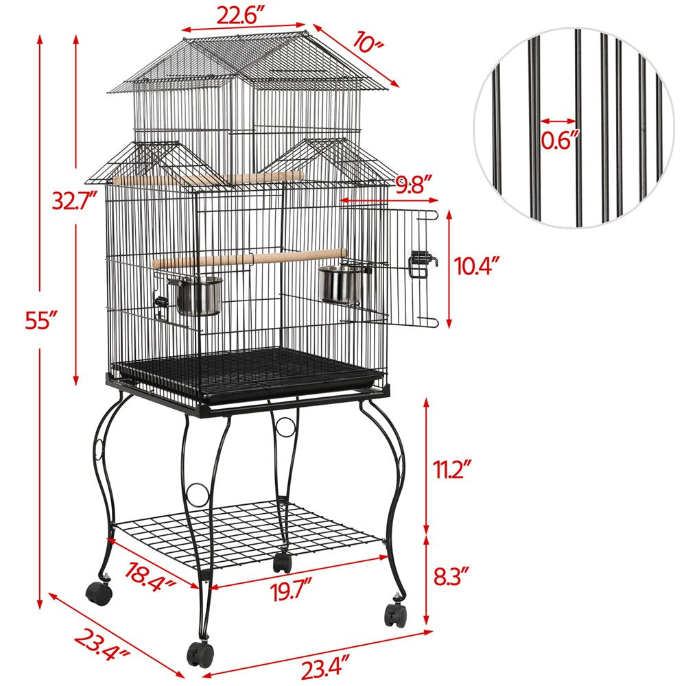 Smilemart Metal Rolling Bird Cage with Triple Roof Detachable Stand for Birds Finches Lovebirds Canaries Cockatiels Conures Parakeets, Black Animals & Pet Supplies > Pet Supplies > Bird Supplies > Bird Cages & Stands SmileMart   