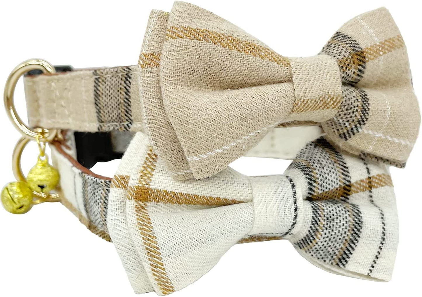 KUDES Plaid Dog Collar with Bow, 2 Pack/Set Adjustable Cute Dog Bow Tie Collars with Bell, Best Pet Gift for Small Medium Large Boy Male Dogs, Beige & Brown (S(9.6''-13.8''), Beige & Brown) Animals & Pet Supplies > Pet Supplies > Dog Supplies > Dog Apparel Leegoo   