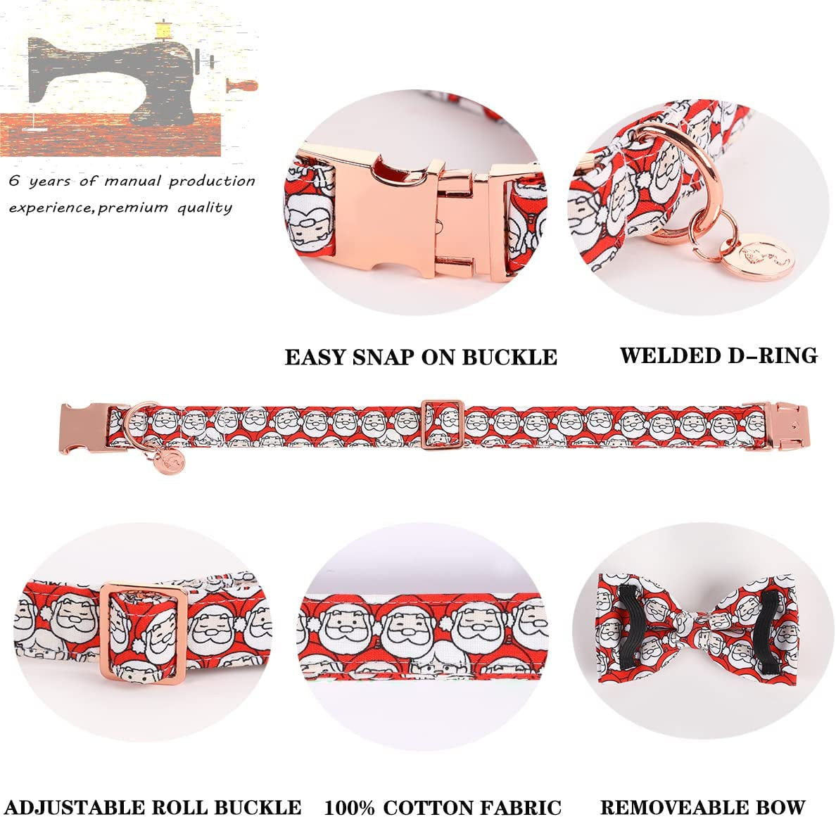 DOGWONG Cotton Dog Collar with Bow Tie, Christmas Dog Collar Red Santa Claus Durable Pet Collar Puppy Collar for Small Medium Large Dog Animals & Pet Supplies > Pet Supplies > Dog Supplies > Dog Apparel DOGWONG   