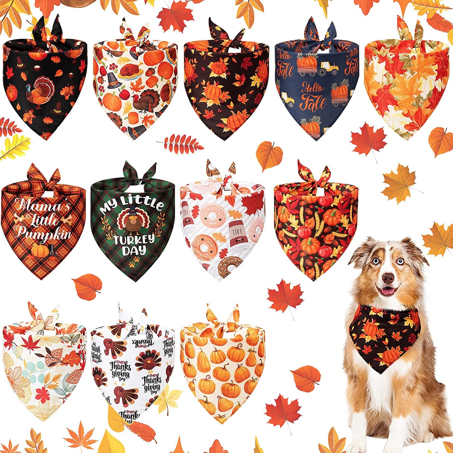 12 Pieces Thanksgiving Pet Bandana Fall Dog Bandanas Dog Fall Clothes Accessories Maple Leaf Pumpkin Patterned Autumn Pet Triangle Scarf Bibs for Large Small Dog Kerchief Cat Pet Fall Outfit Washable Animals & Pet Supplies > Pet Supplies > Dog Supplies > Dog Apparel Xuniea   