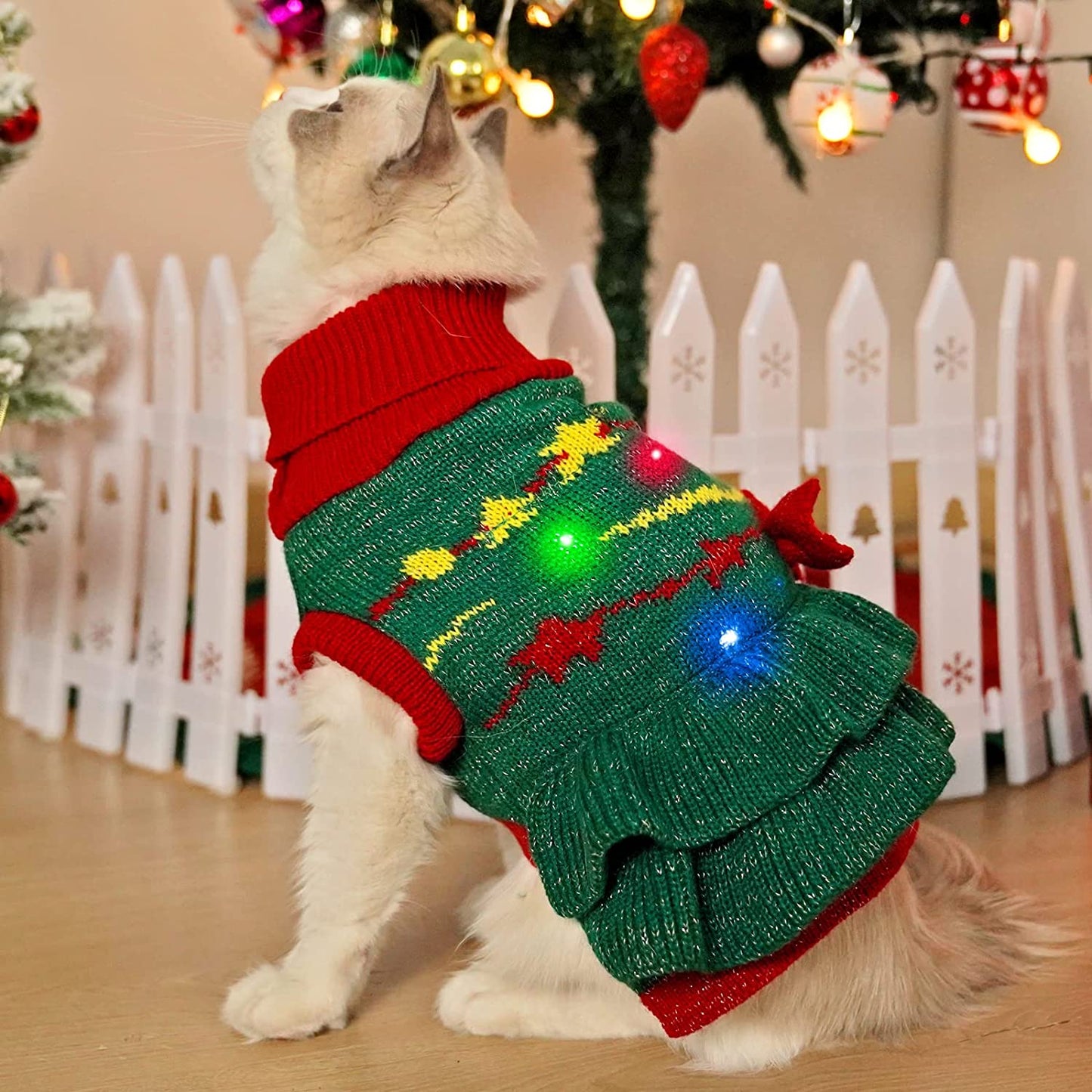 T2Y Cat Christmas Sweater - Cat Dog Costume with LED Lights, Turtleneck Cat Christmas Outfit with Leash Holes, Warm Clothes for for Kitten & Puppy, Gift for New Year (Extra Small Animals & Pet Supplies > Pet Supplies > Dog Supplies > Dog Apparel T2Y X-Small  