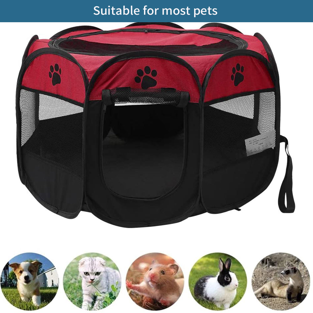 Foldable Washable Pet Tent Dog House Puppy Cat Cage Kennel Octagonal Fence Home Outdoor Supply (Red)