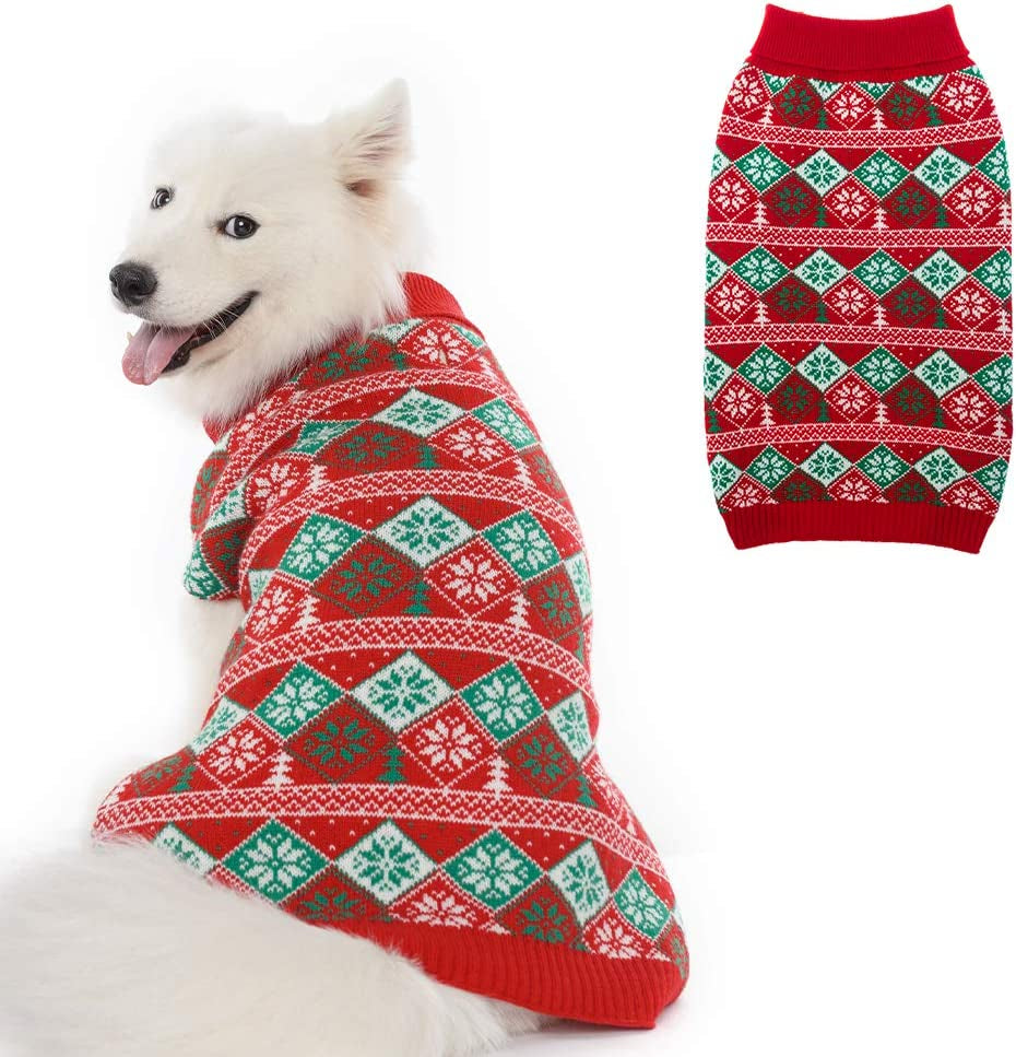 PAWCHIE Dog Sweater - Warm and Soft Winter Knitted Turtleneck Red New Year Rhombus and Snowflake Patterns Cold Weather Dog Coat, Holiday Pet Sweaters for Small Medium Large Dogs Animals & Pet Supplies > Pet Supplies > Dog Supplies > Dog Apparel PAWCHIE Sweater Medium 