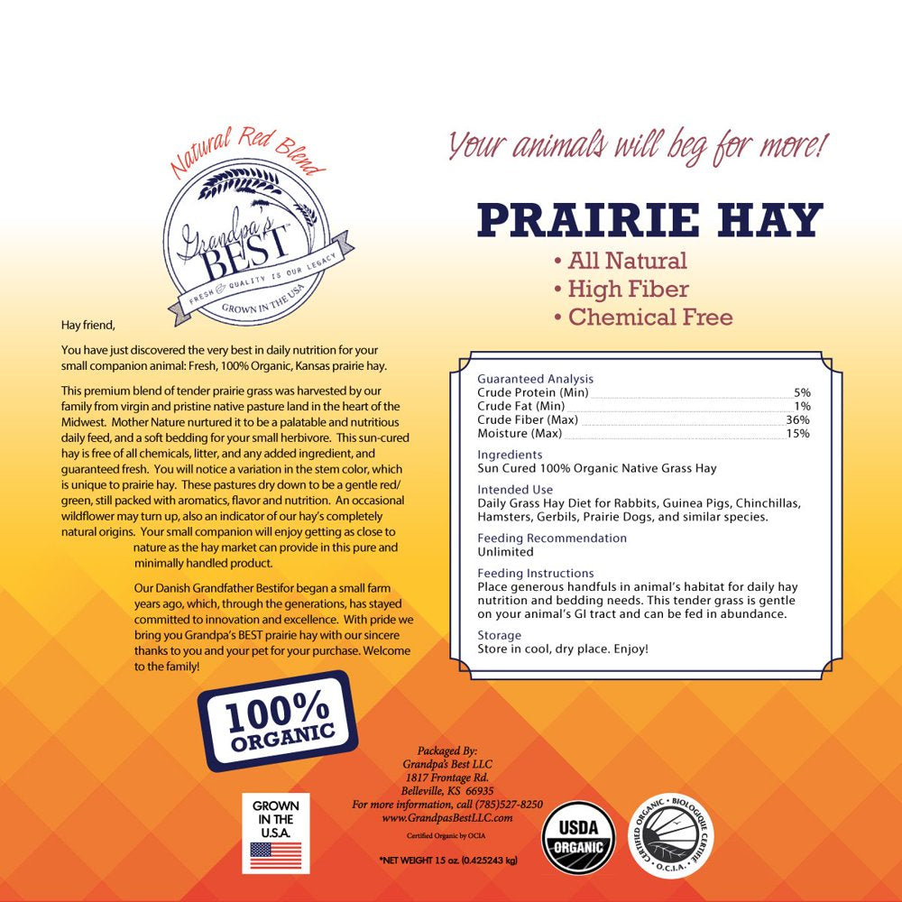 Grandpa'S Best Certified Organic Prairie Grass Hay Mini Bale for Small Animals - 10Lb Animals & Pet Supplies > Pet Supplies > Small Animal Supplies > Small Animal Food Grandpa's Best LLC   