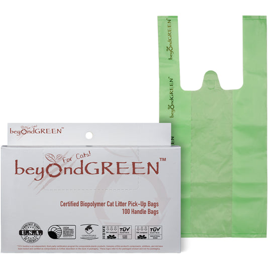 Beyondgreen Plant-Based Cat Litter Poop Waste Pick-Up Bags with Handles - 100 Green Bags - 8 in X 16 In