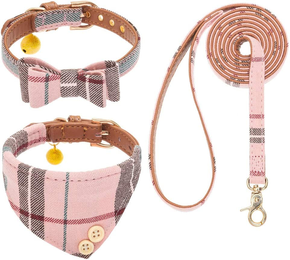 EXPAWLORER Dog Collar and Leash Set - Classic Plaid Dog Bow Tie and Dog Bandana Collar with Bell, Dog Leash Tangle Free, Adjustable Collars for Small Medium Large Dogs Cats, Holiday Ideal Gift Animals & Pet Supplies > Pet Supplies > Dog Supplies > Dog Apparel EXPAWLORER Pink Small-Medium 