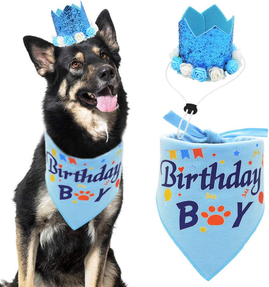 Dog Birthday Bandana Boy Scarf and Crown Dog Birthday Hat, Flower Headwear for Medium to Large Dogs Blue