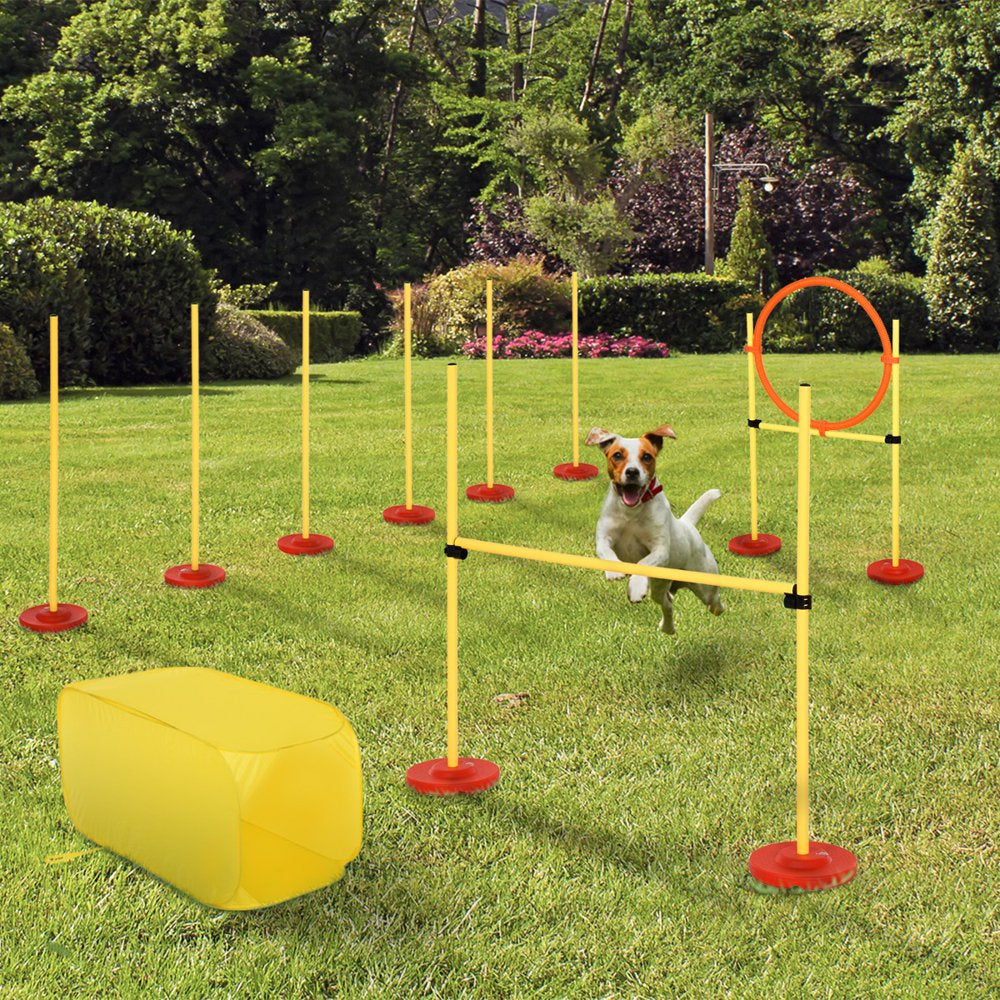 MIXFEER 4Pcs Portable Pet Training Obstacle Set for Dogs W/ Adjustable Weave Pole, Jumping Ring, Adjustable High Jump, Tunnel