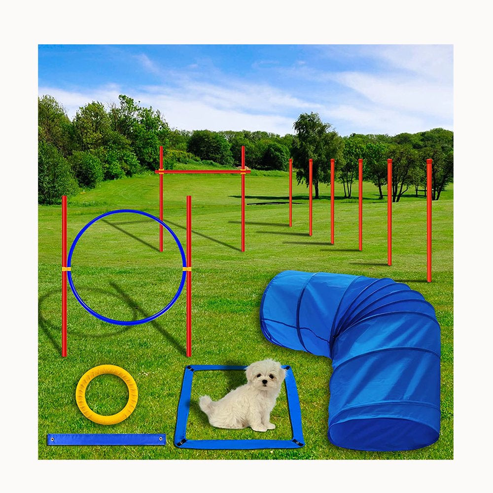 Dog Agility Training Equipment, Dog Agility Course/Dog Obstacle Course for Backyard,Including Tunnel,Adjustable Hurdles, Jumping Ring,Weave Poles, Frisbee,Pause Box,Start Line