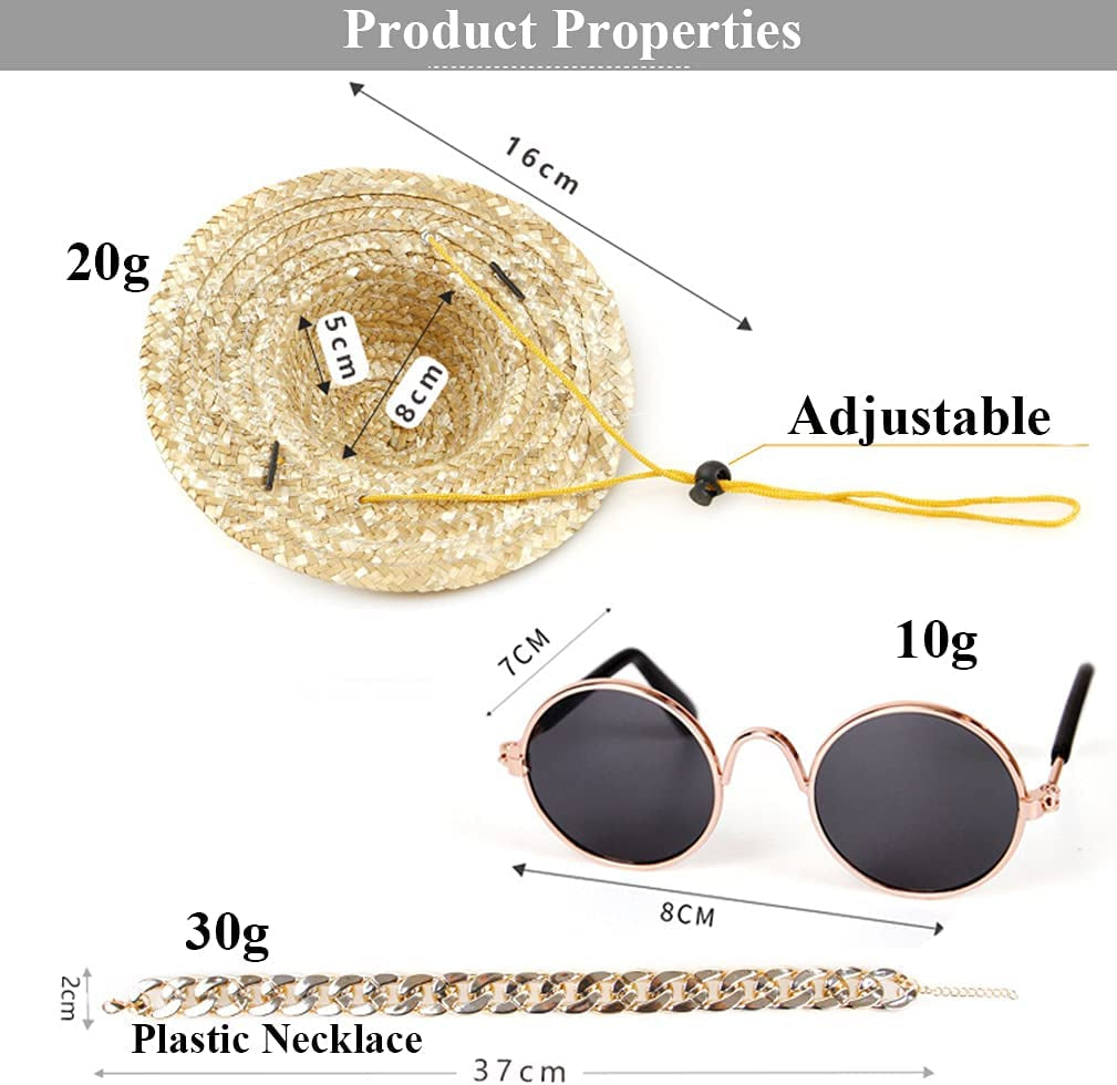 4Pcs Cat Glasses Cat Gold Chain Necktie and Straw Hat, Fashion Cool Pet Sunglasses Adjustable Pet Gold Chain Set Classic Funny Pet Accessories for Cats and Small Dogs Animals & Pet Supplies > Pet Supplies > Dog Supplies > Dog Apparel Yosbabe   