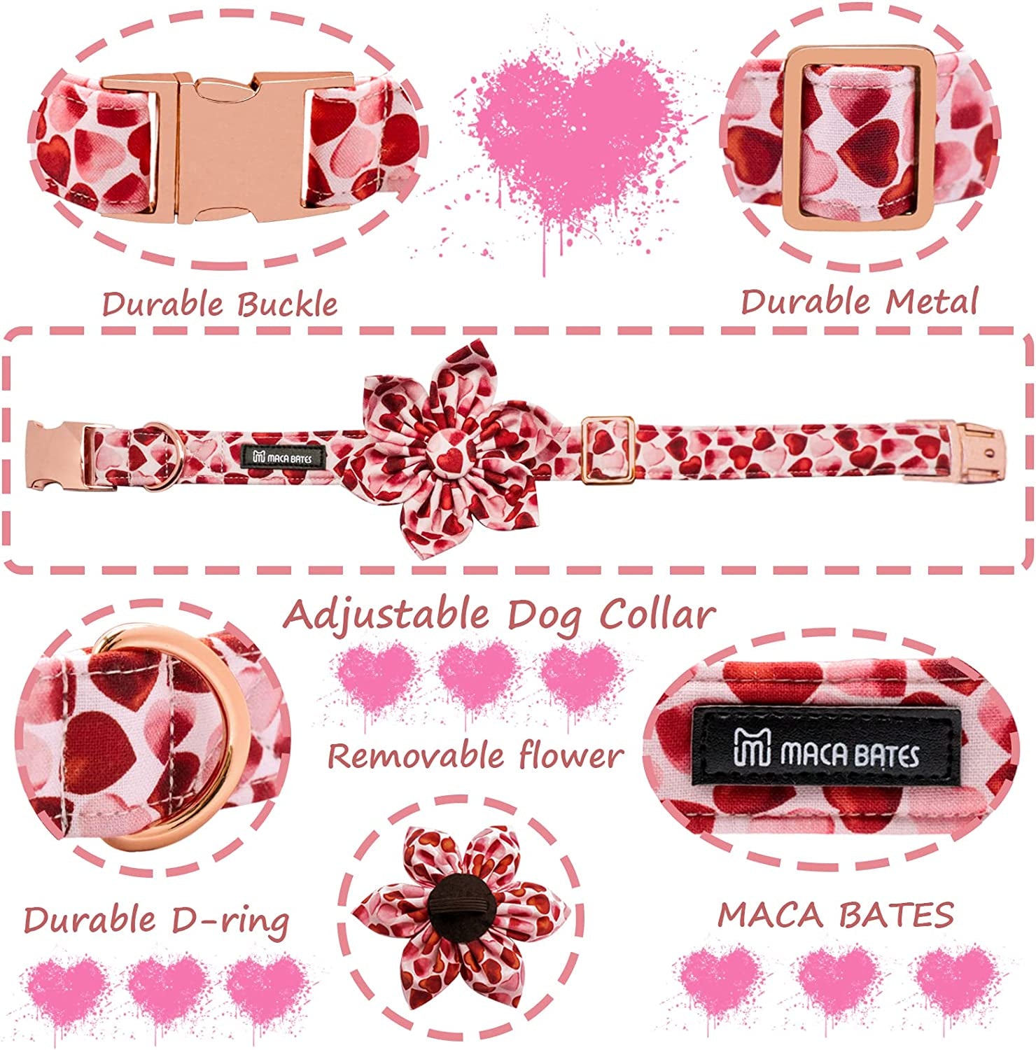 MACA Bates Valentine’S Day Dog Collar with Bow/Flower/Bow Tie, Sweet Heart Adjustable Collar for Small Medium Large Dog with Metal Buckle Animals & Pet Supplies > Pet Supplies > Dog Supplies > Dog Apparel M MACA BATES   