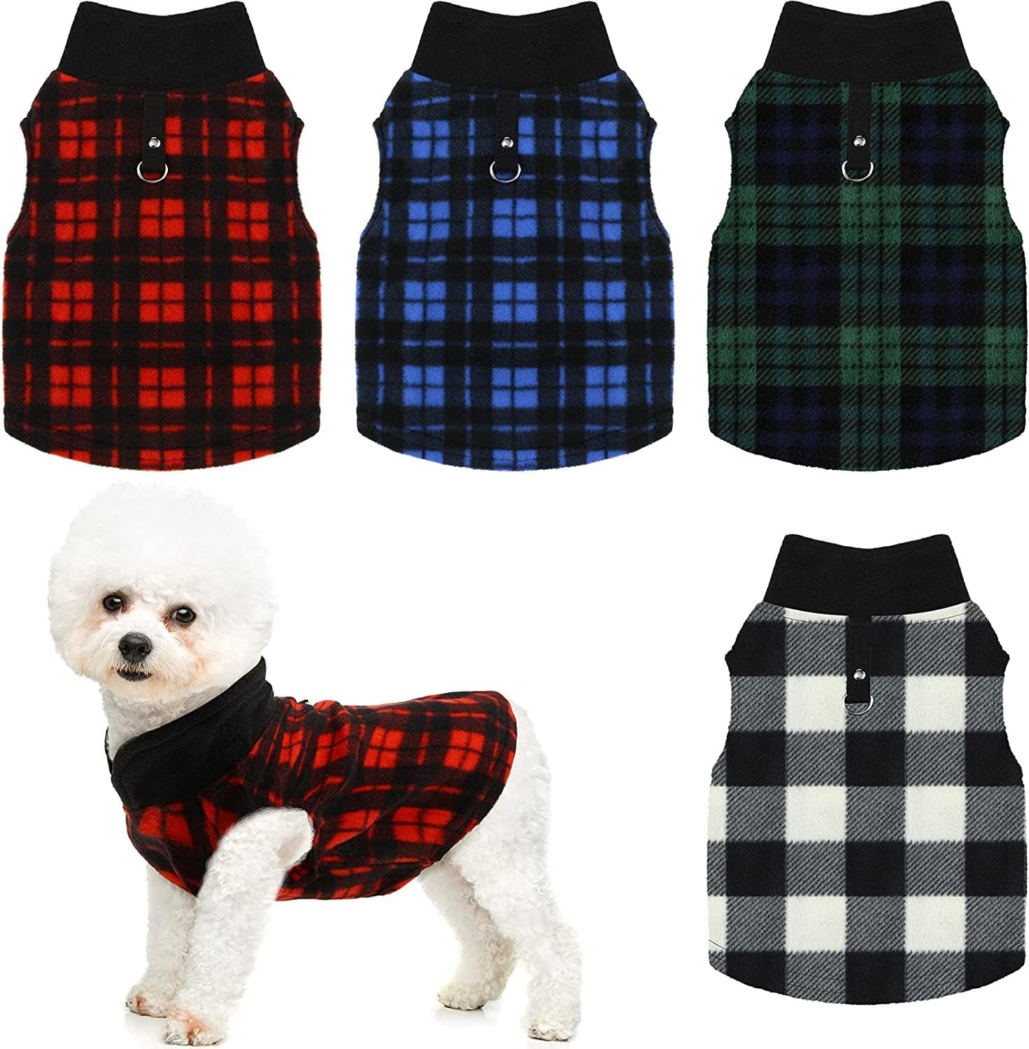 Qesonoo Fleece Vest Dog Sweater Set of 4 Buffalo Plaid Dog Pullover Warm Jacket Winter Pet Clothes with Leash Ring for Small Dog Cat (Large) Animals & Pet Supplies > Pet Supplies > Dog Supplies > Dog Apparel Qesonoo Hamify Medium  