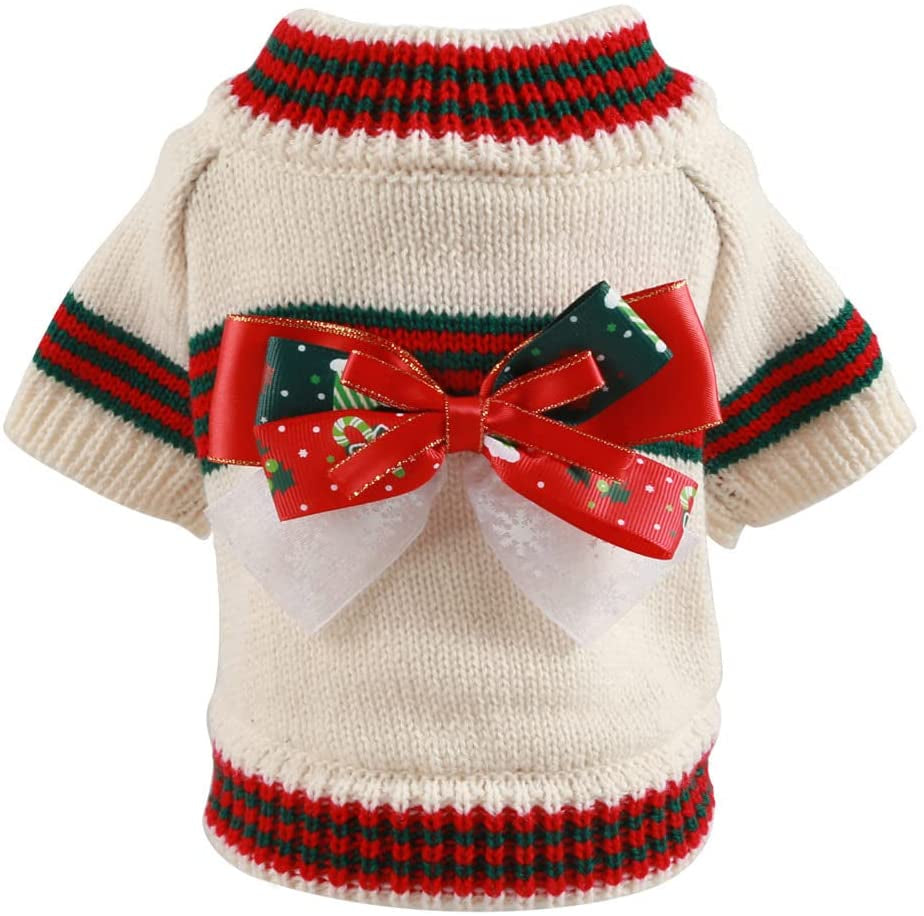 BAEJMJK Dog Christmas Sweater for Small Dogs Warm Puppy Bowknot Jumper Pet Cat Turtleneck Christmas Clothes for Fall Winter（Red,Small） Animals & Pet Supplies > Pet Supplies > Dog Supplies > Dog Apparel BAEJMJK Beige X-Small 