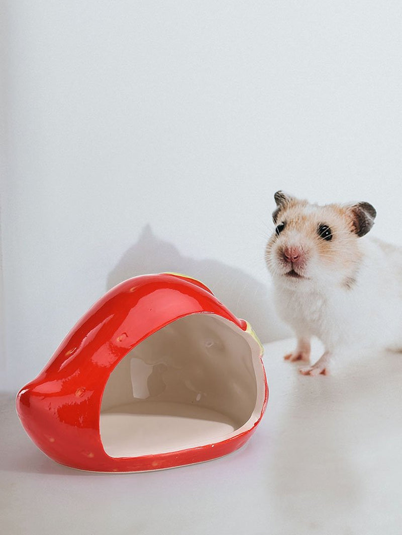 Ceramic Cartoon Strawberry Shape Hamster House Home Summer Cool Small Animal Pet Nesting Habitat Cage Accessories Animals & Pet Supplies > Pet Supplies > Small Animal Supplies > Small Animal Habitats & Cages QYMHOODS   