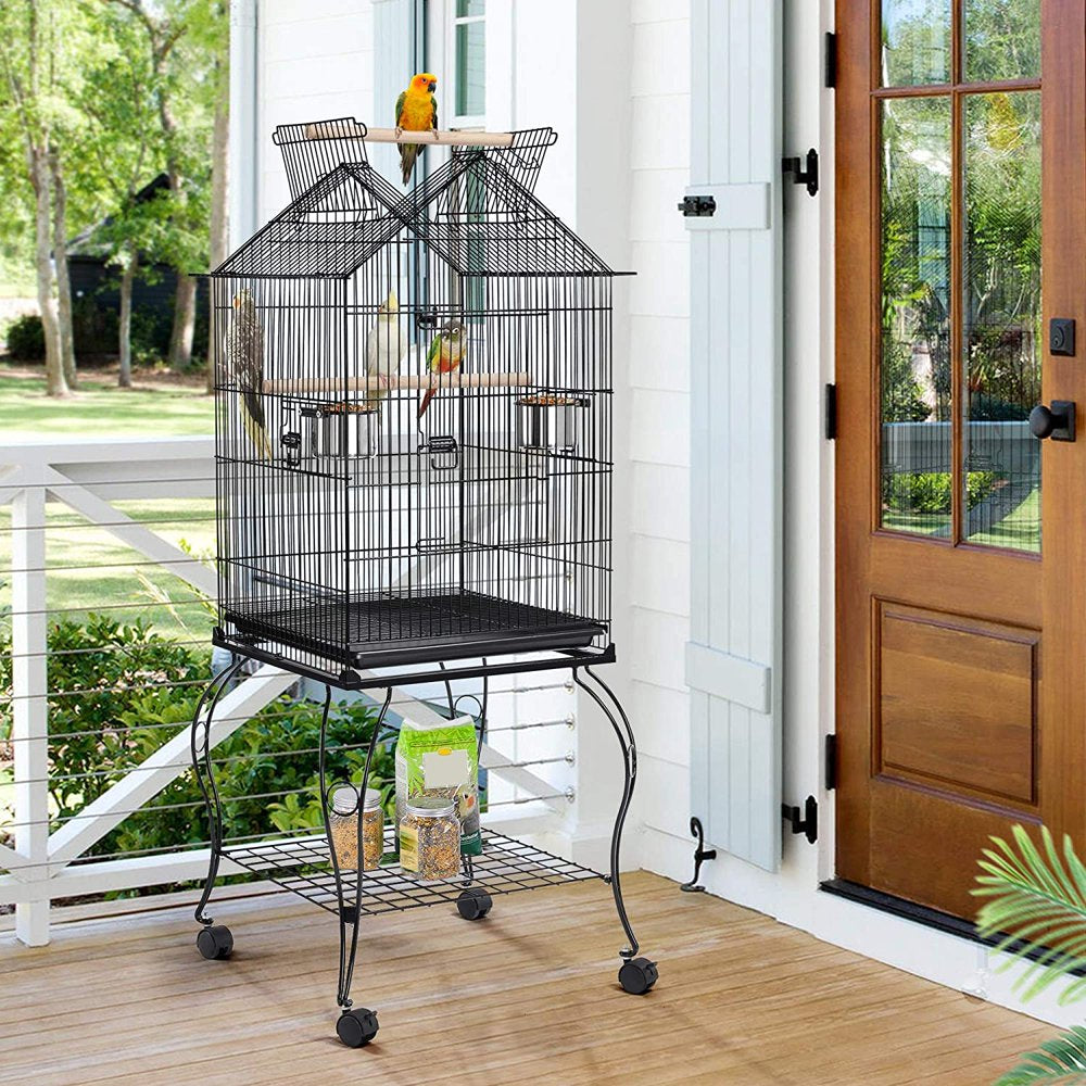 Hisevxus 57-Inch Rolling Open Top Roof Bird Cage for Mid-Sized Parrots Cockatiels Caique Quaker Monk Indian Ring Neck Green Cheek Conure Middle Bird Cage with Detachable Stand Animals & Pet Supplies > Pet Supplies > Bird Supplies > Bird Cages & Stands hisevxus   