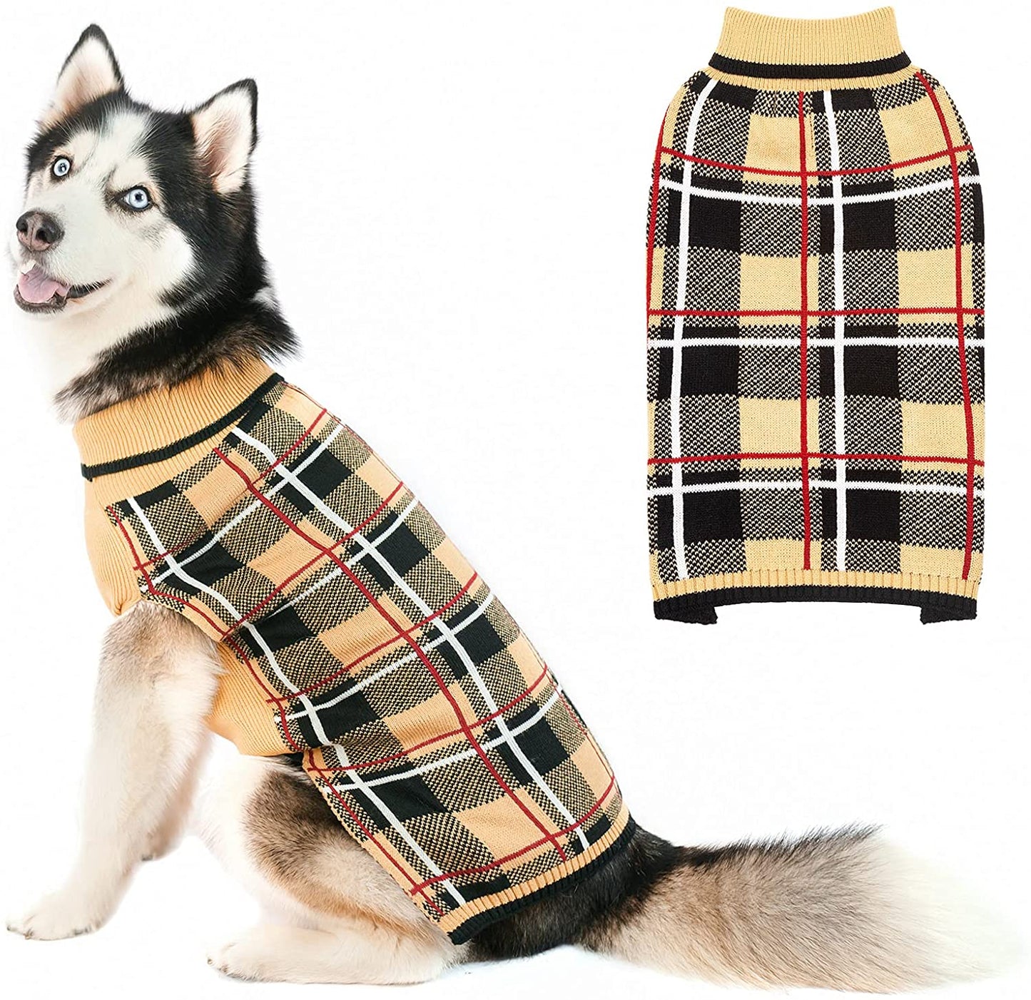 Dog Sweater Pet Knitted Clothes - Classic Plaid Pull over Turtleneck Dog Sweaters with Leash Hole Warm Dogs Winter Clothing for Small Medium Dogs Cats Puppy Animals & Pet Supplies > Pet Supplies > Dog Supplies > Dog Apparel KOOLTAIL Beige Medium 