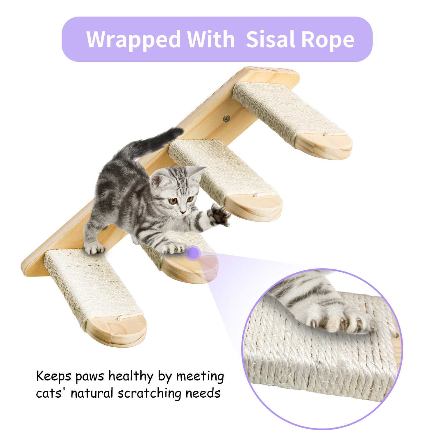 Arkham Pet Cat Climbing Shelf Wall Mounted, 4 Steps Cat Stairway with Sisal Rope Scratching for Cats Perch Platform, Cat Wall Furniture, Reversible Direction Cat Wall Stairs Ladder