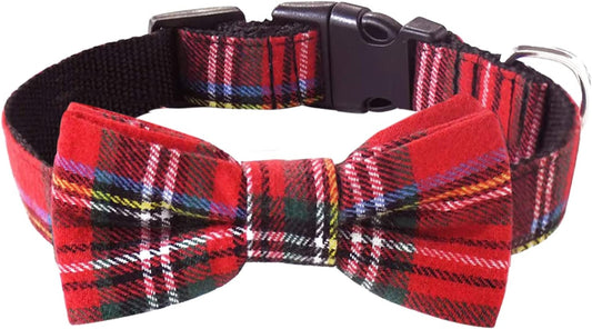 Malier Dog Collar with Bow Tie, Christmas Classic Plaid Snowflake Dog Collar Holiday for Small Medium Large Dogs Cats Pets (Scotland Red Plaid, Medium)