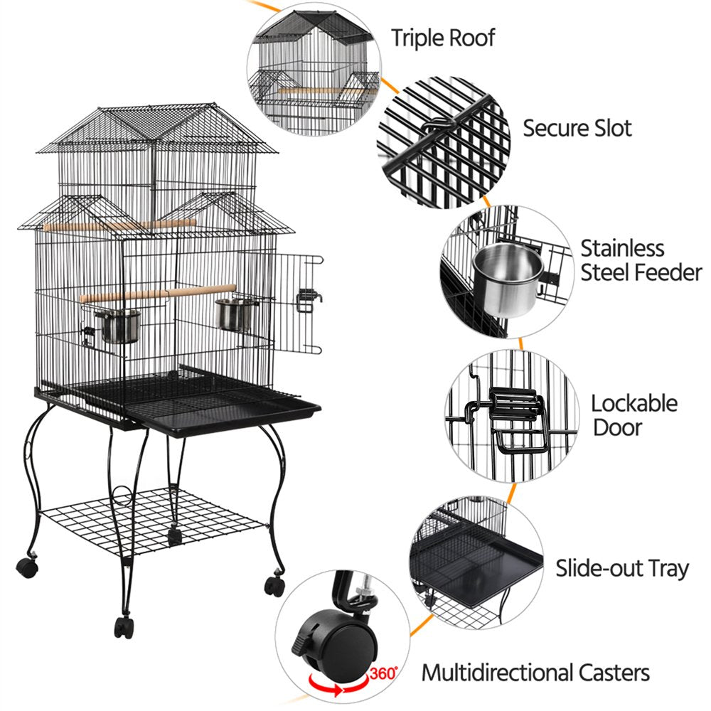 Smilemart Metal Rolling Bird Cage with Triple Roof Detachable Stand for Birds Finches Lovebirds Canaries Cockatiels Conures Parakeets, Black Animals & Pet Supplies > Pet Supplies > Bird Supplies > Bird Cages & Stands SmileMart   