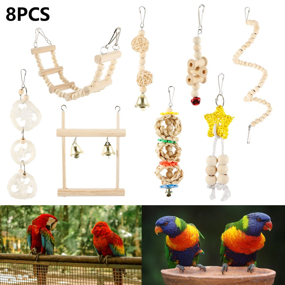 HOTBEST 8PCS Small Bird Swing Toys, 8 PCS Parrots Chewing Natural Wood and Rope Bungee Bird Toy for Anchoies, Parakeets, Cockatiel, Conure, Mynah, Macow and Other Small Birds Animals & Pet Supplies > Pet Supplies > Bird Supplies > Bird Toys HOTBEST   