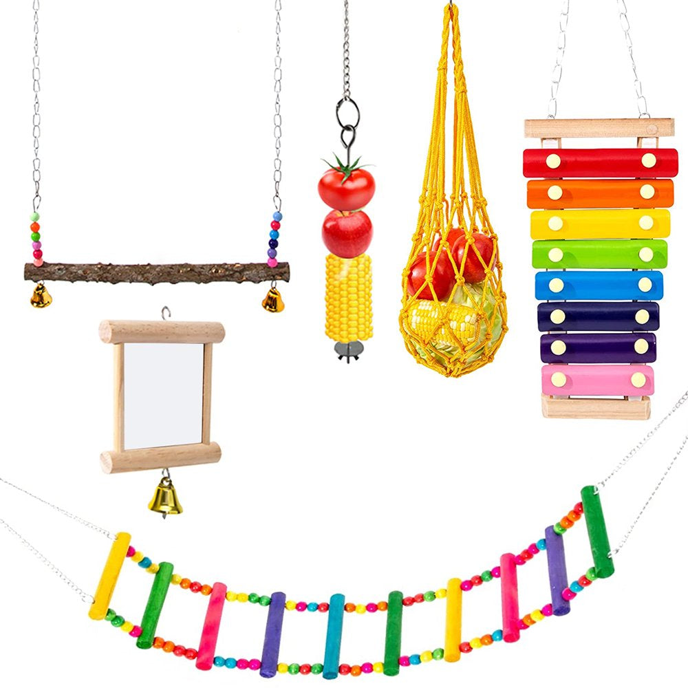 Welpettie 6Pcs Chicken Toys Set Chewing Foraging Toys Parrot Playing Training Toys with Wooden Swing Fruit Vegetable Hanging Feeder Xylophone Mirror Bell Ladder Toy for Chicken Parrots Birds Animals & Pet Supplies > Pet Supplies > Bird Supplies > Bird Toys Welpettie   