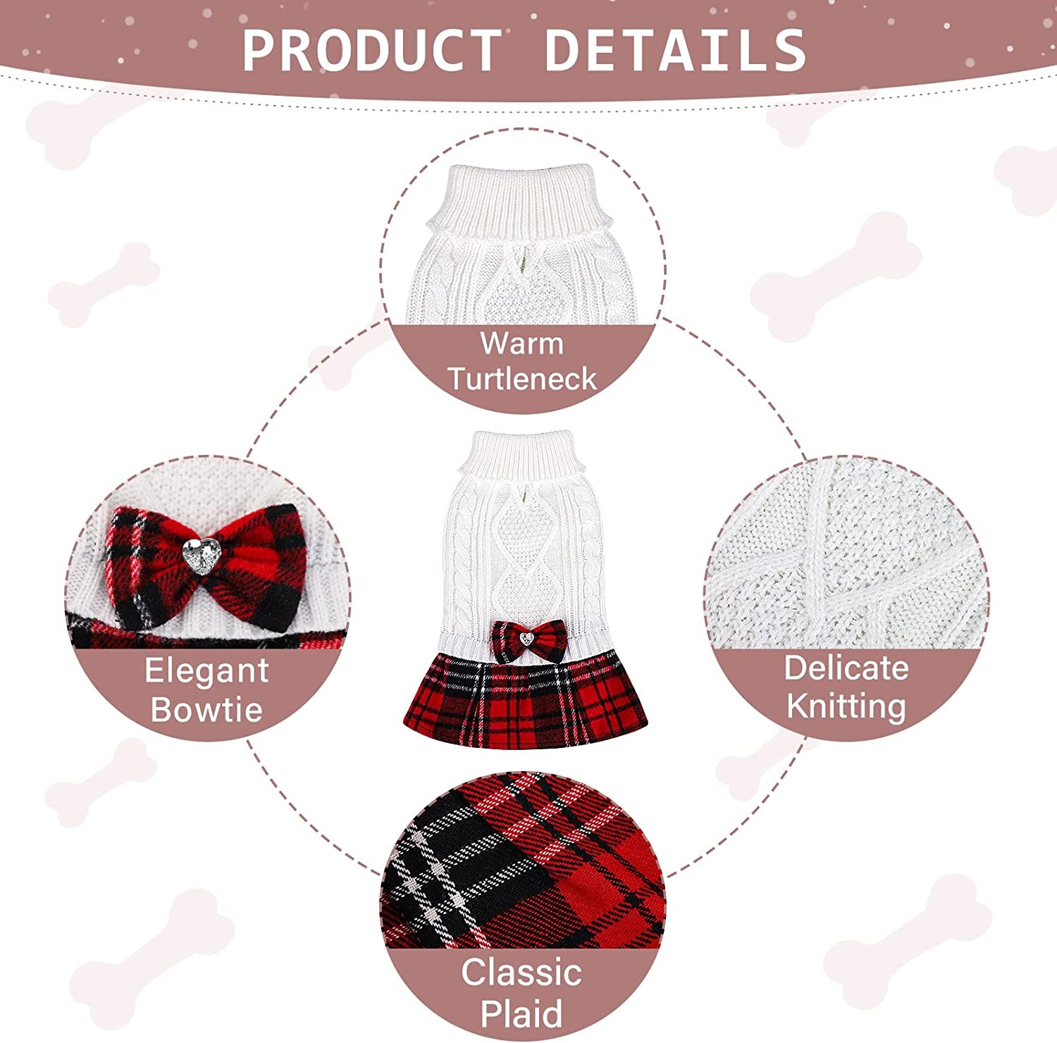 Pedgot 2 Pieces Dog Sweater Dress Plaid with Bowtie Turtleneck Dog Knitwear Pet Sweater Pullover Sweater for Dogs Cat Dress Checked (Beige, Grey, Large Animals & Pet Supplies > Pet Supplies > Dog Supplies > Dog Apparel Pedgot   