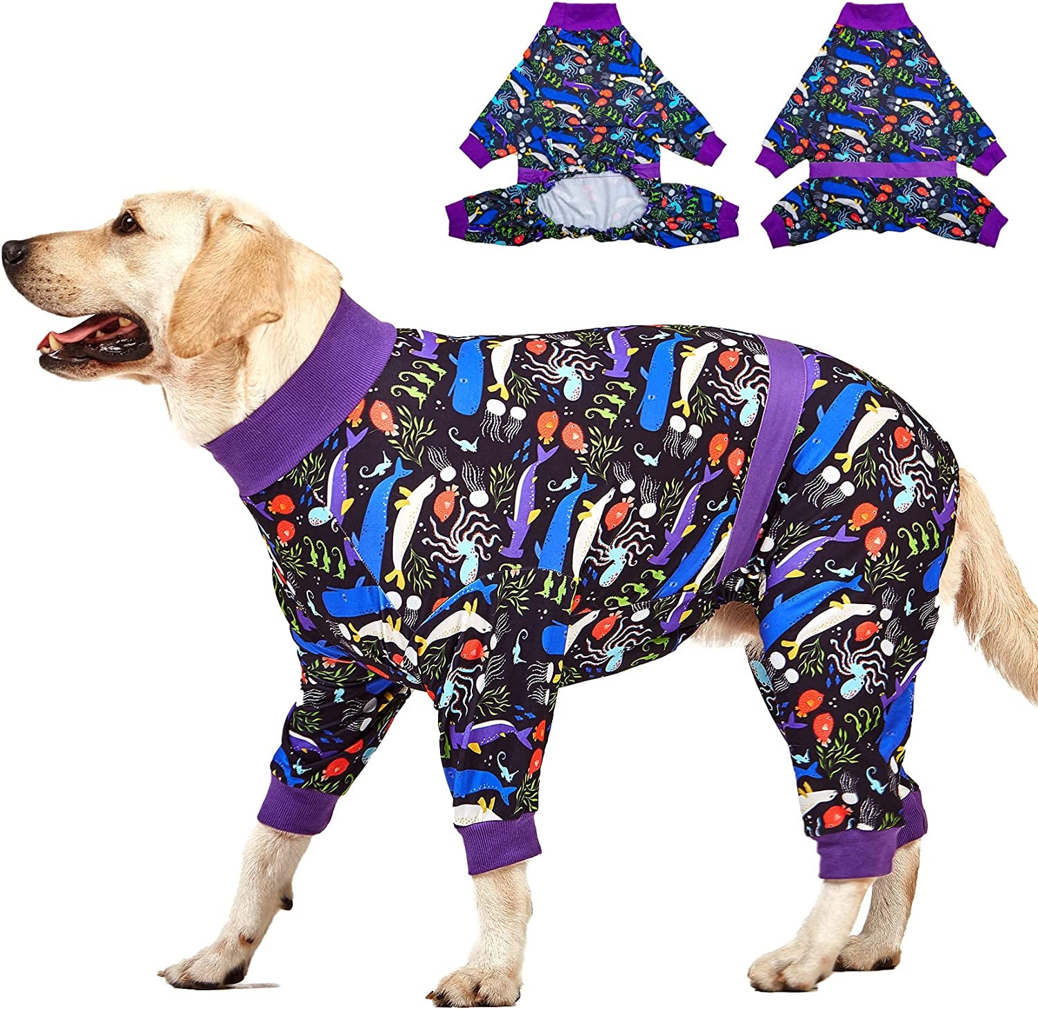 Lovinpet Onesies for Medium Dog, Dog Pajamas after Surgery, Full Coverage Dog Jumpsuit as Base Clothes under Dog Sweaters, Anti- Shedding Elastic Fabric, Colorful Flowers Prints Jammies for Large Dogs Animals & Pet Supplies > Pet Supplies > Dog Supplies > Dog Apparel LovinPet Black/Purple collar Large 