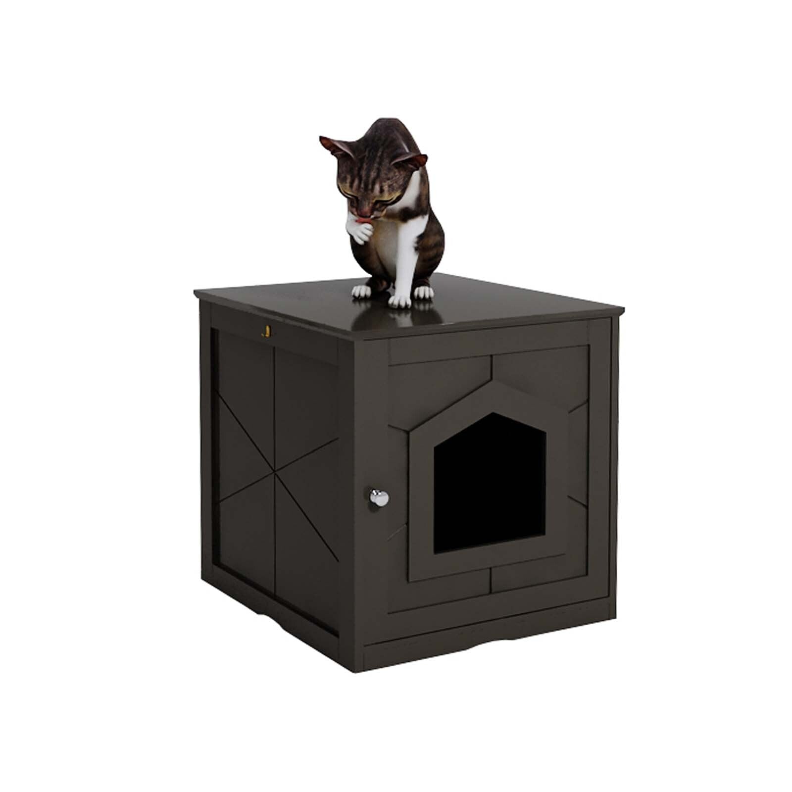 WEIKABU Wooden Indoor Cat Litter Box Enclosure, Cat House & Side Table, Cat Home Furniture Nightstand, Brown
